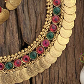 Vriksham Gold Look Alike Lakshmi Coin With Round Red Green Stone Neckpiece-G17220